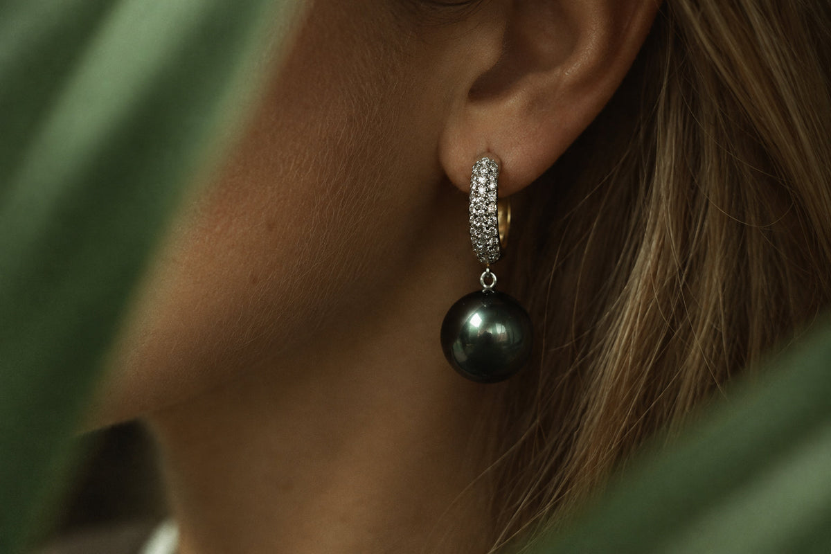 Black Pearl Drop Earrings with Diamonds, side view