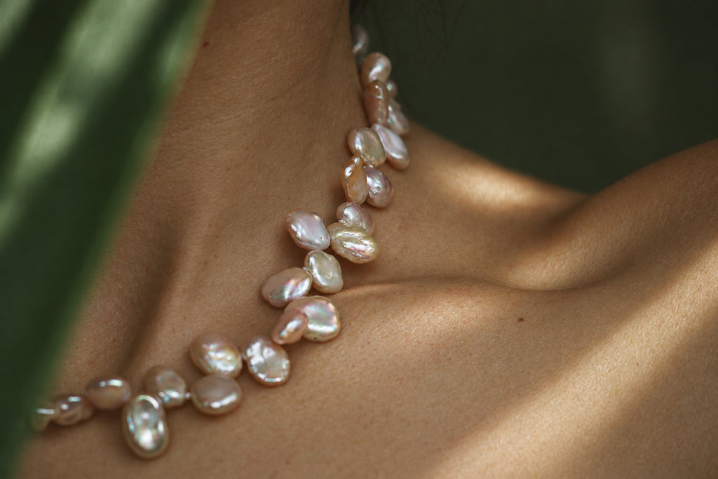 Lavender Baroque Pearl Necklace, worn