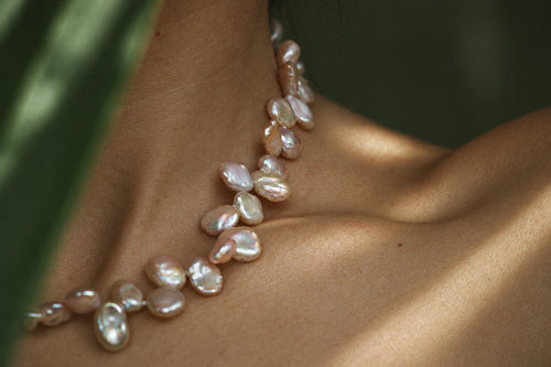 Lavender Baroque Pearl Necklace, worn
