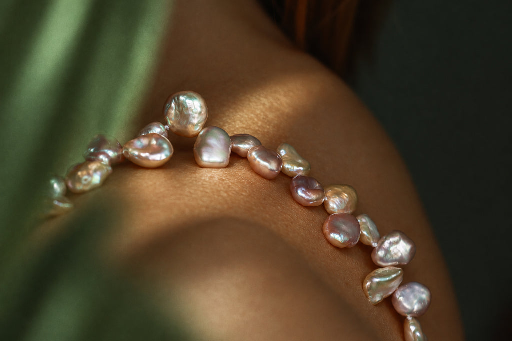 Lavender Baroque Pearl Necklace, worn, side view