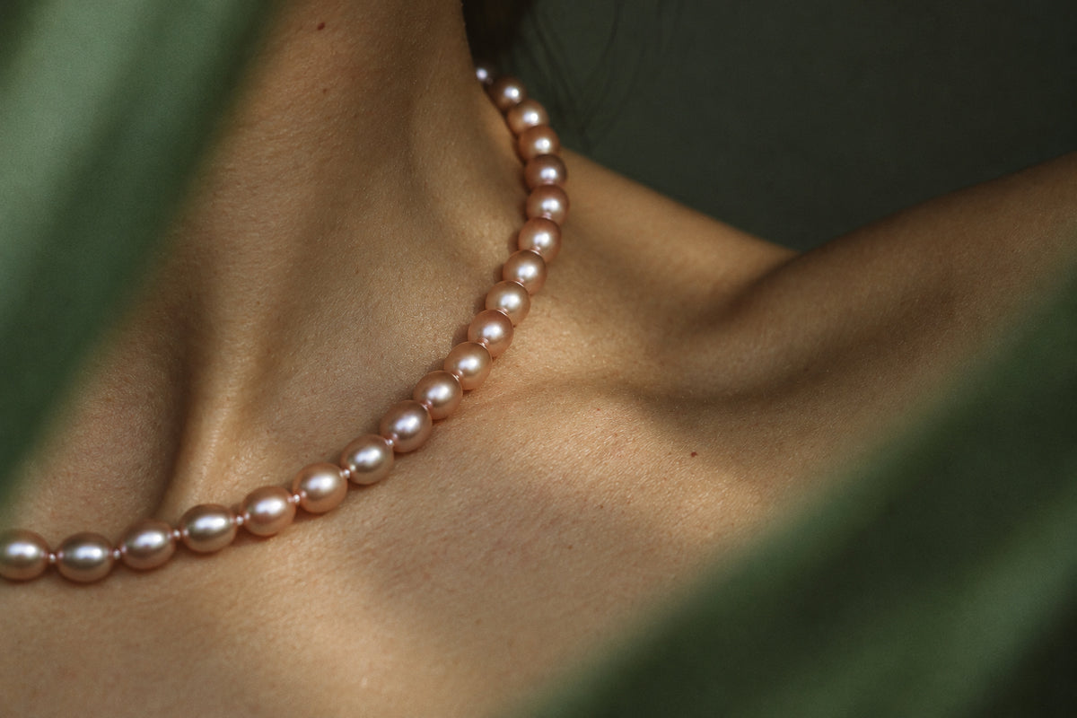 Lavender Oval Pearl Necklace, worn