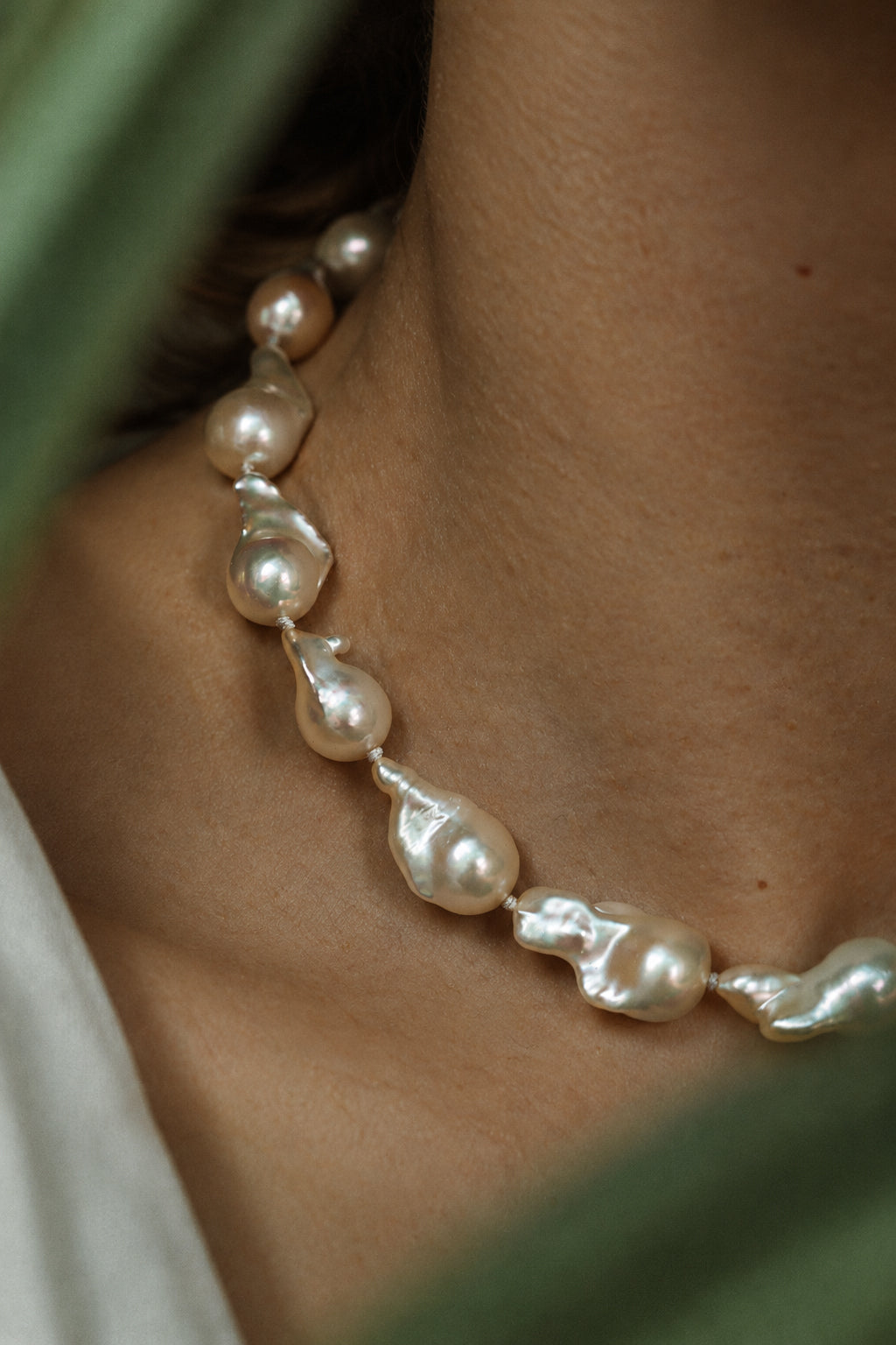 Small White Baroque Pearl Necklace, worn