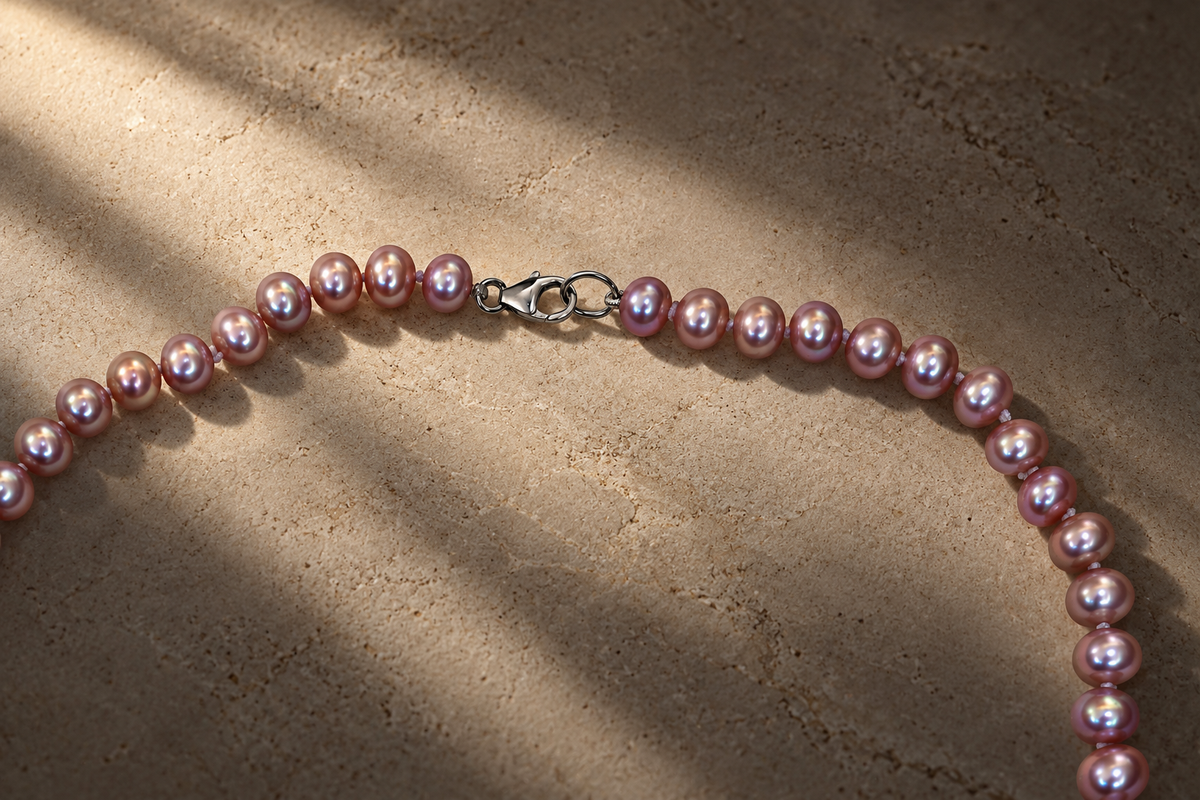 Lavender Pearl Necklace with Metallic Lustre on limestone