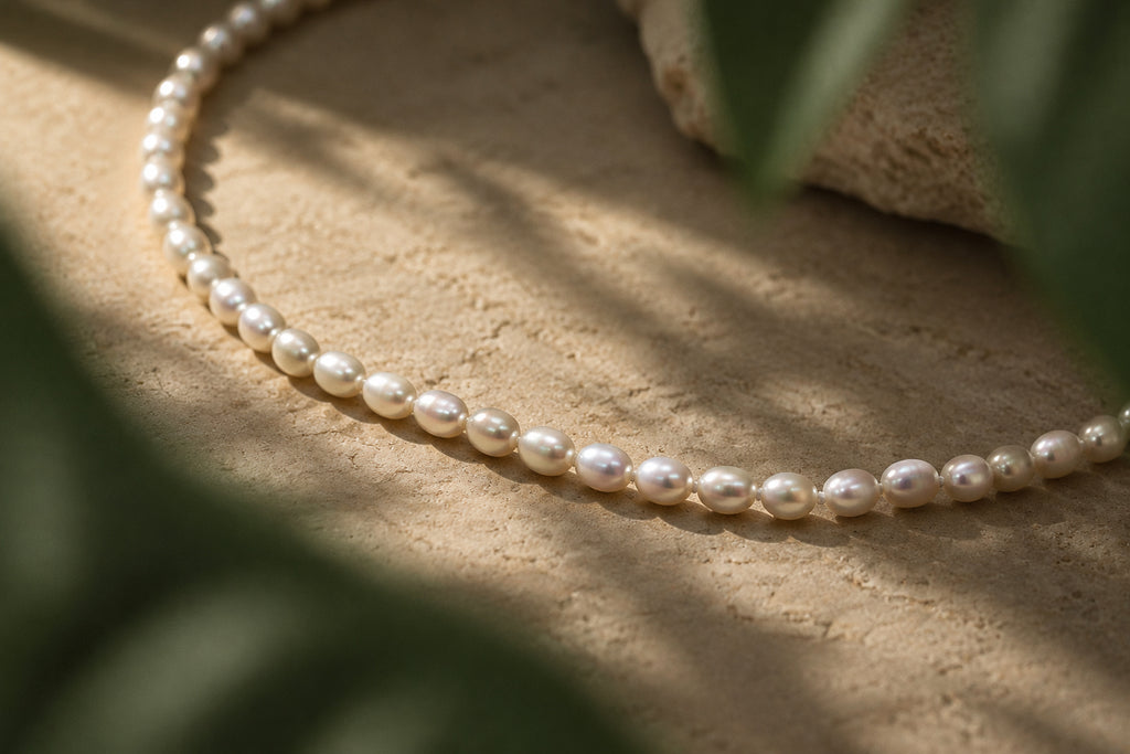 Asymmetric Rice Pearl Necklace, close-up
