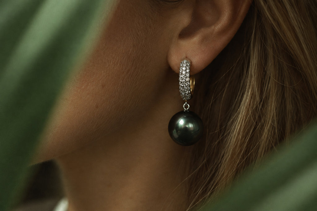 Black Pearl Drop Earrings with Diamonds, side view