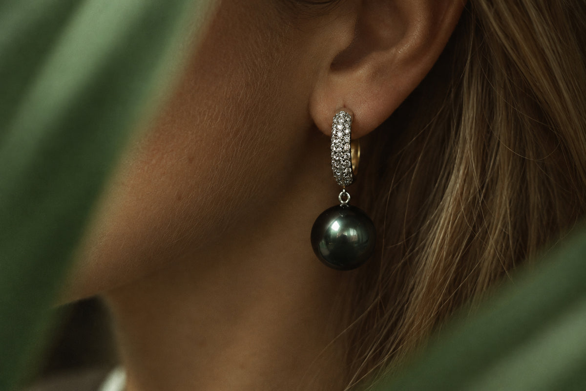 Black Pearl Drop Earrings with Diamonds, side view