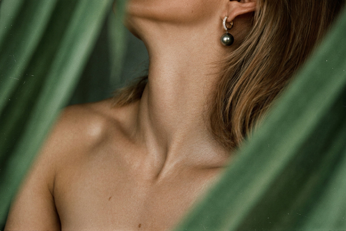 Black Pearl Drop Earrings with Diamonds, worn, editorial