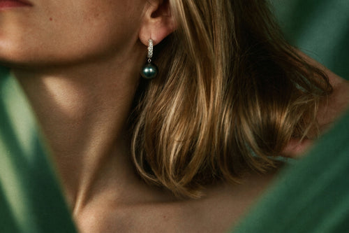 Black Pearl Drop Earrings with Diamonds, worn