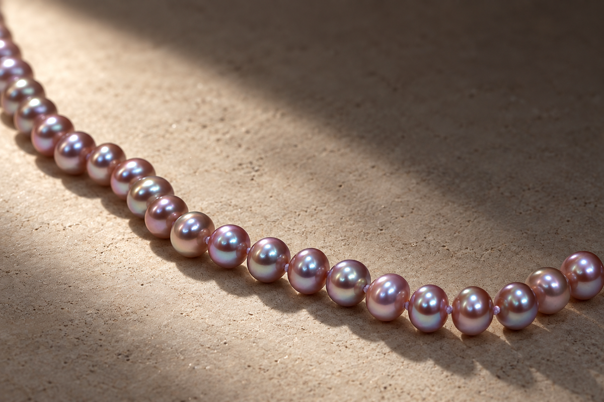 Lavender Pearl Necklace with Metallic Lustre, close-up