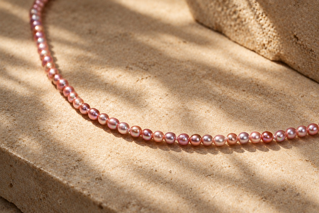 Tiny Lavender Pearl Necklace, close-up