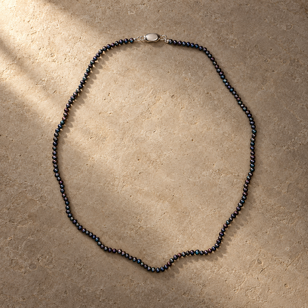 Tiny Blue and Black Pearl Necklace, peacock tones