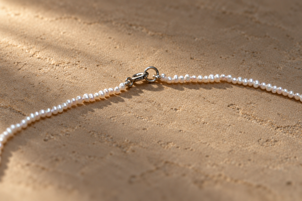 Super Small White Pearl Necklace, silver clasp detail