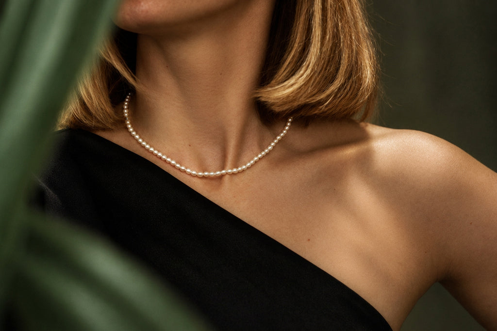 Asymmetric Rice Pearl Necklace, worn