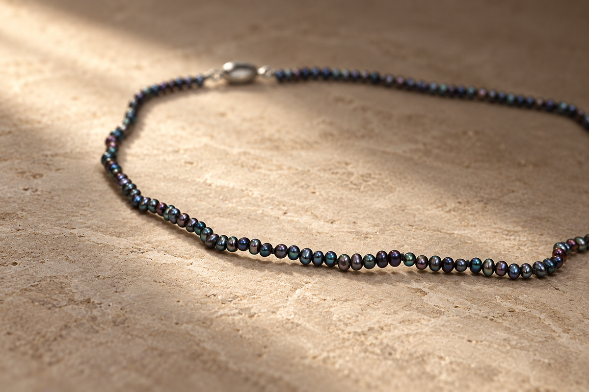 Tiny Blue and Black Pearl Necklace, detail