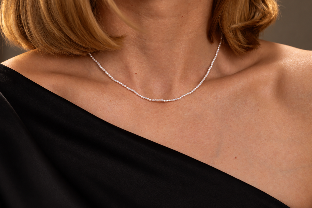 Super Small White Pearl Necklace, worn