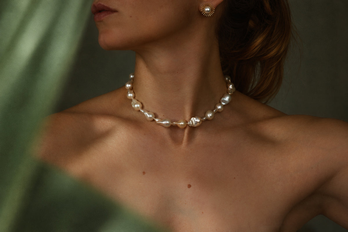 Small White Baroque Pearl Necklace, on bare skin