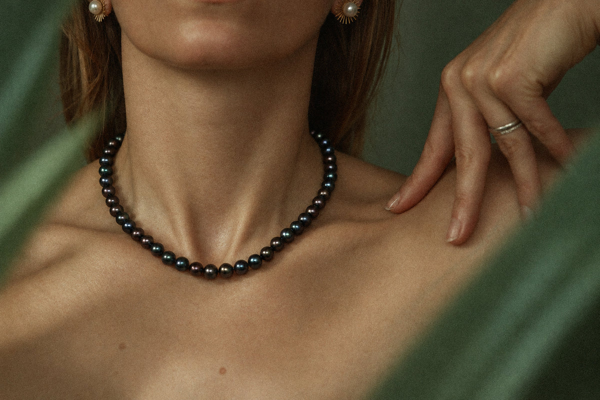 Black Bubbles Pearl Necklace, worn