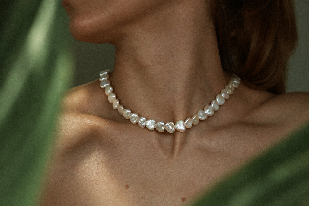Heart Pearl Necklace, worn
