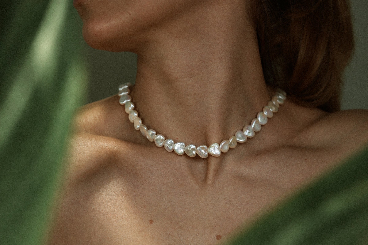 Heart Pearl Necklace, worn