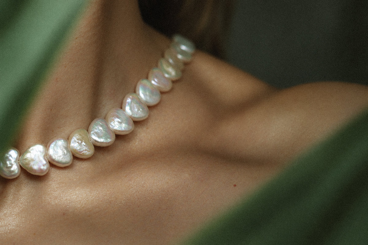 Heart Pearl Necklace, close-up