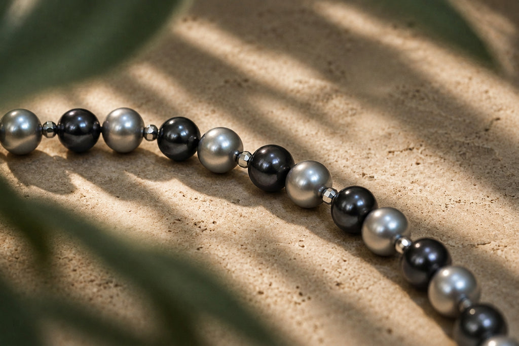Grey Pearl Necklace with Silver Details, close-up