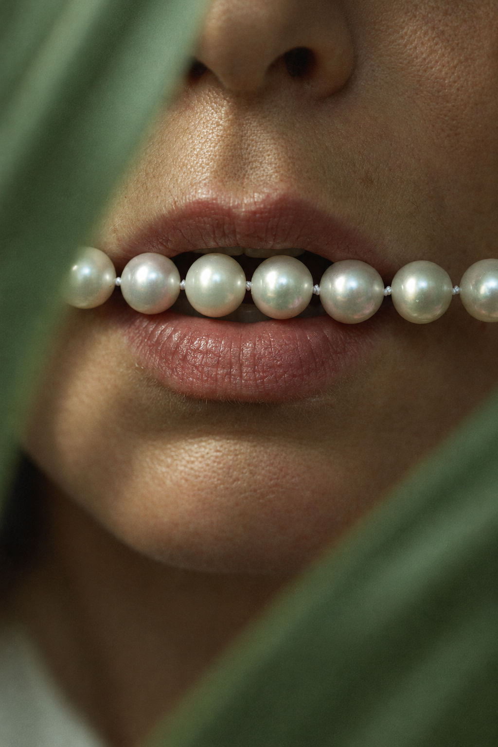 White Pearl Necklace, held between the lips
