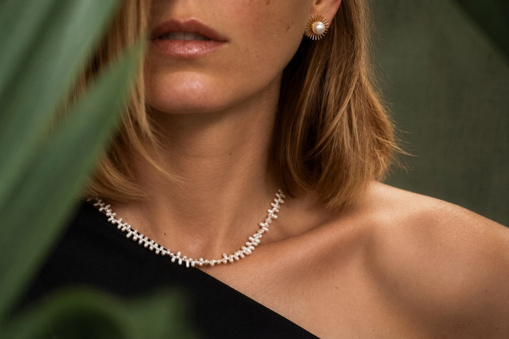 Lavender Rice Pearl Necklace, worn
