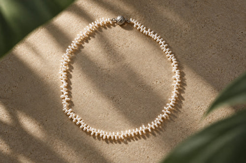 Lavender Rice Pearl Necklace, close-up