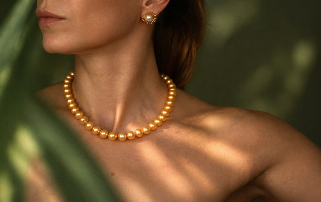 Golden Pearl Necklace, worn, wider view